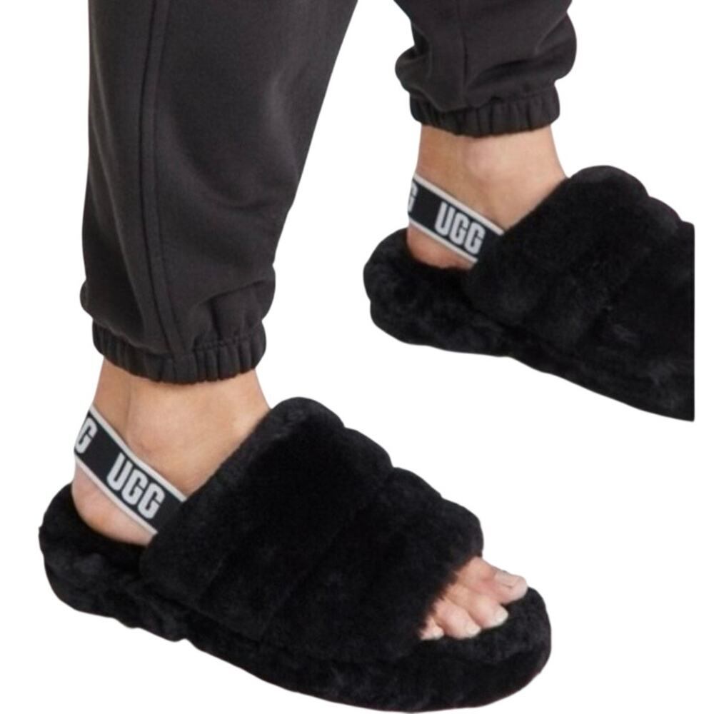 UGG Fluff Yeah Slide Slipper Size 8 Black Sheepskin Elastic Strap Indoor Outdoor